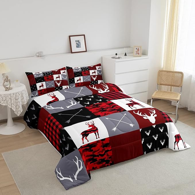 Deer Silhouette Comforter Set Twin Size,Antler Arrow Grid Stripe Design Bedding Duvet 2pcs for Kids Teens Adult Boys Girls Home Room Decoration, Camouflage Christmas Style Red Quilt Set