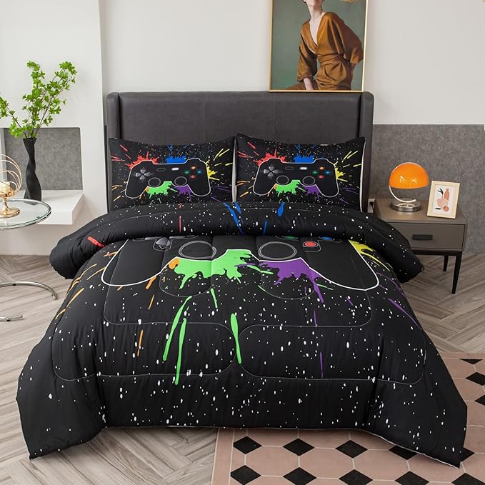 Game Console Comforter Set for Boys 3D Gaming Lightweight Microfiber Bedding Sets Black Gamer Printed Quilt Set Teens Room Decor