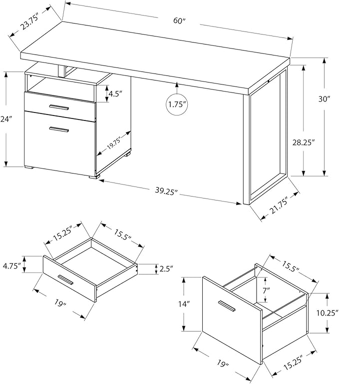 Monarch Specialties Computer Writing Desk for Home & Office Laptop Table with Drawers Open Shelf and File Cabinet-Left or Right Set Up, 60" L, White