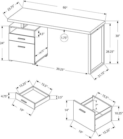Monarch Specialties Computer Writing Desk for Home & Office Laptop Table with Drawers Open Shelf and File Cabinet-Left or Right Set Up, 60" L, White