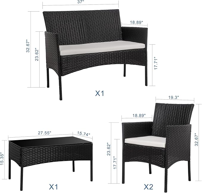 Shintenchi 4 Piece Outdoor Patio Furniture Sets, Small Wicker Patio Conversation Furniture Rattan Chair Set with Tempered Glass Coffee Table for Backyard Porch Garden Poolside Balcony