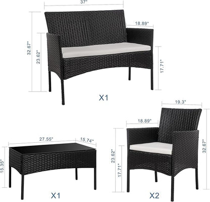 Shintenchi 4 Piece Outdoor Patio Furniture Sets, Small Wicker Patio Conversation Furniture Rattan Chair Set with Tempered Glass Coffee Table for Backyard Porch Garden Poolside Balcony