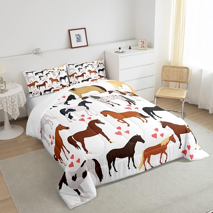 Galloping Horse Comforter Set Full Farm Bedding Set Kids Boys Girls Teens Cute Safari Animal Duvet Set Cartoon Horses with Pink Lover Heart Decor Kawaii Lightweight Cowboy Cowgirls Down Comforter