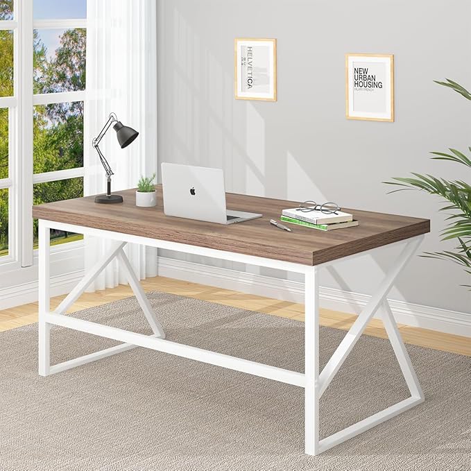 HSH Farmhouse Computer Desk, Large Home Office PC Desk, Modern Simple Metal Wood Desk Workstation for Executive Writing Study, Rustic Long Bedroom Living Room Table, White and Rustic Oak, 60 Inch