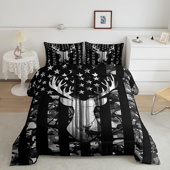 Black Grey Camo Comforter Set King Size,Camouflage American Flag Bedding Set,Deer Antlers Silhouette Down Comforter,Kids Teens Adults Bedroom Decor,Xmas Animal Rustic Duvet Insert,3Pcs,2 Pillowcases