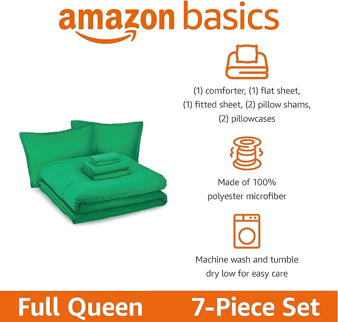 Amazon Basics 7 Piece Microfiber Kid's Bed-in-a-Bag Bedding Set, Full/Queen, Green, Solid