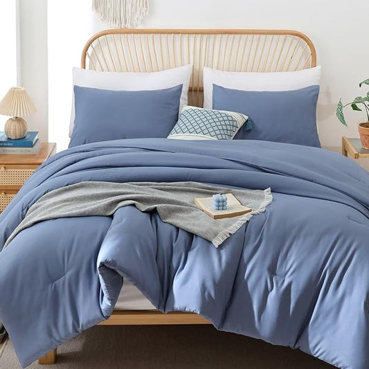 ROSGONIA King Size Comforter Set Slate Blue, 3pcs(1 Boho Comforter & 2 Pillowcases) Soft Lightweight Bedding Blanket All Season Bedspreads Quilt