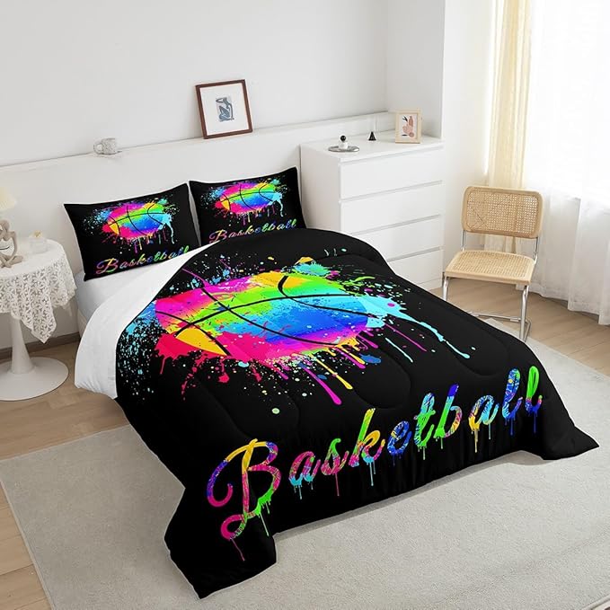 Feelyou Kids Basketball Comforter Set Queen Size Gaming Sports Bedding Set for Boys Girls Teens Bedroom Decor Ball Games Tie Dye Comforter Gift for Basketball Lover Duvet Set with 2 Pillow Case