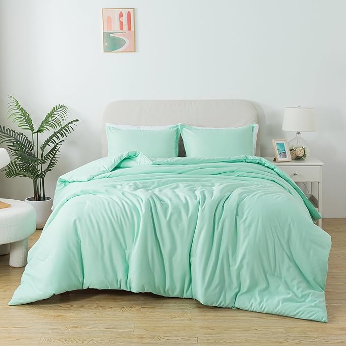 Sage Green Comforter Set King Size, Solid Lightweight Skin-Friendly Boho Bedding Set & Collections, Breathable Fluffy Microfiber 3 PCS (104"x90") Comforter Set for All Seasons