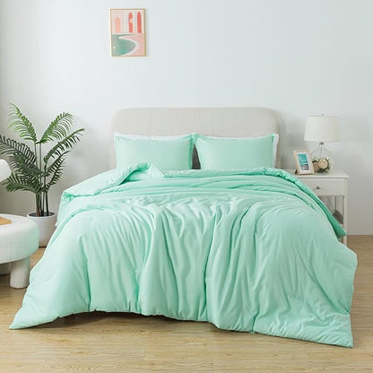 Sage Green Comforter Set King Size, Solid Lightweight Skin-Friendly Boho Bedding Set & Collections, Breathable Fluffy Microfiber 3 PCS (104"x90") Comforter Set for All Seasons