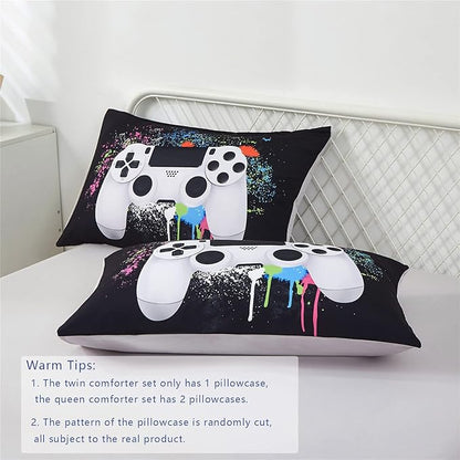 KAKKI 4 Piece Boys Twin Gamer Comforter Set with Sheets, 3D Colorful Video Game Controller Comforter for Kids Teen, All Season Soft Microfiber Gaming Bedding Set(White,Twin)