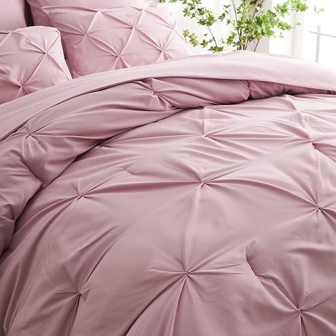 Ubauba 5pc Twin Comforter Set for Girls with Sheets, Blush Pintuck 5 Piece Bed in a Bag Set, Soft Pinched Pleat All Season Twin Size Bedding Sets (Pink,Twin)