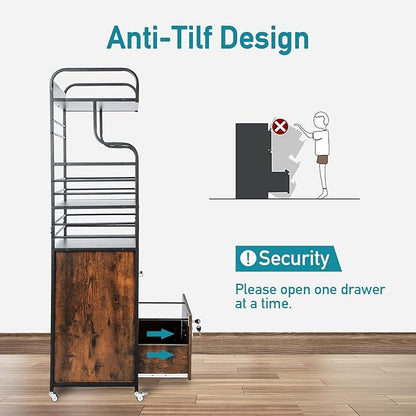 Vertical File Cabinet, 2 Drawer Mobile Filing Cabinet with 3 Bookshelf, Printer Stand with Open Storage Shelves Fits A4/Letter/Legal Size File Cabinets for Home Office Organizer, Brown
