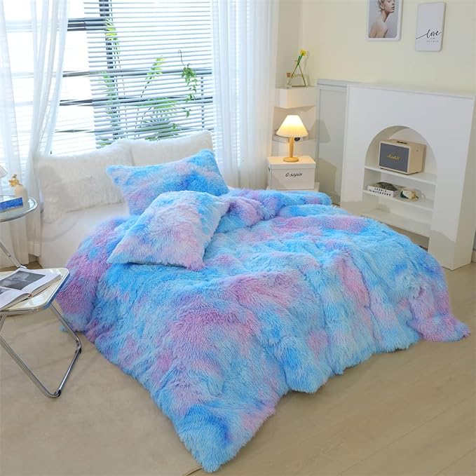 Faux Fur Kids Girls Blue Rainbow Comforter Sets Queen - 3PC Bed Set Warm Comfortable Soft Plush Flannel Velvet Fluffy Fuzzy Bedding（Comforter x 1 Pillowcases x 2）