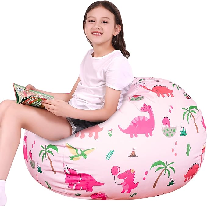Lukeight Stuffed Animal Storage Bean Bag Chair Cover for Kids, Dinosaur Zipper Beanbag Chair Cover for Organizing Toddler & Kids' Rooms Plush Toys (Dinosaur Blush, X-Large)