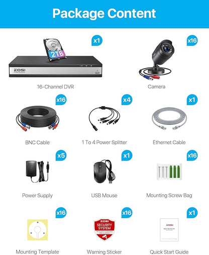 ZOSI 3K Lite 16Channel Security Camera System, AI Human/Vehicle Detection, Night Vision, 16pcs H.265+ 1080P Outdoor Bullet Cameras, 1080P 16CH Surveillance DVR with 2TB HDD for 24/7 Recording