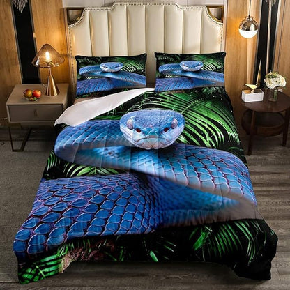 Erosebridal Snake Comforter Set Full, Blue Snake Down Comforter, 3D Reptile Bedding Set, Blue Scales Quilt Set, Palm Leaf Wild Animal Stylish Duvet Set for Kids Boys Teens Man Bedroom Decor