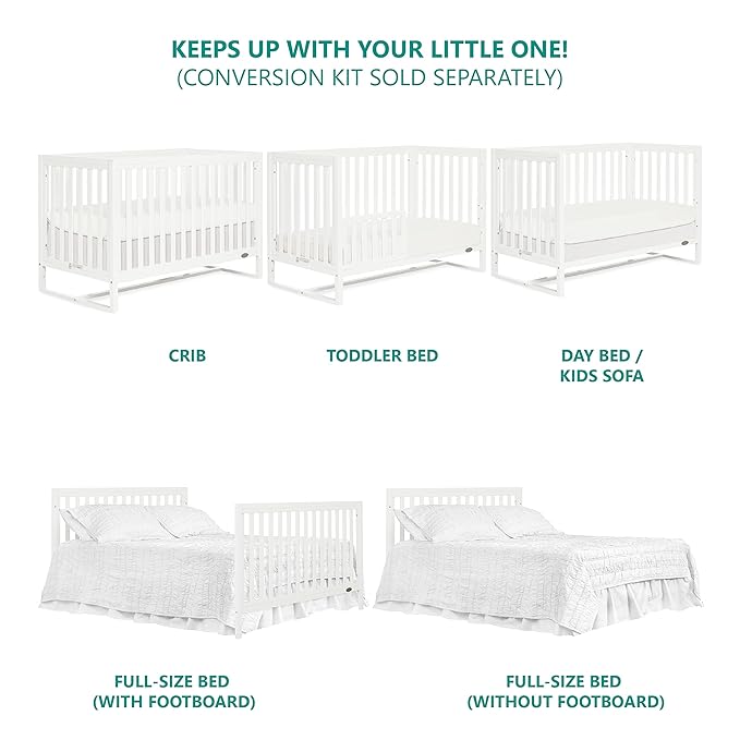 Arlo 5-in-1 Convertible Crib in White, JPMA Certified, 3 Mattress Height Settings, Non-Toxic Finish, Made of Sustainable and Sturdy Pinewood