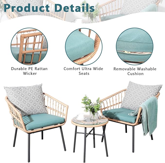 3 Piece Patio Furniture Outdoor Conversation Bistro Set with Tempered Coffee Table and Wicker Chairs for Garden Balcony Backyard Yard Poolside (Green)