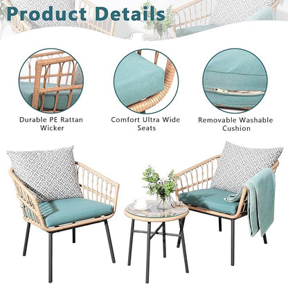 3 Piece Patio Furniture Outdoor Conversation Bistro Set with Tempered Coffee Table and Wicker Chairs for Garden Balcony Backyard Yard Poolside (Green)