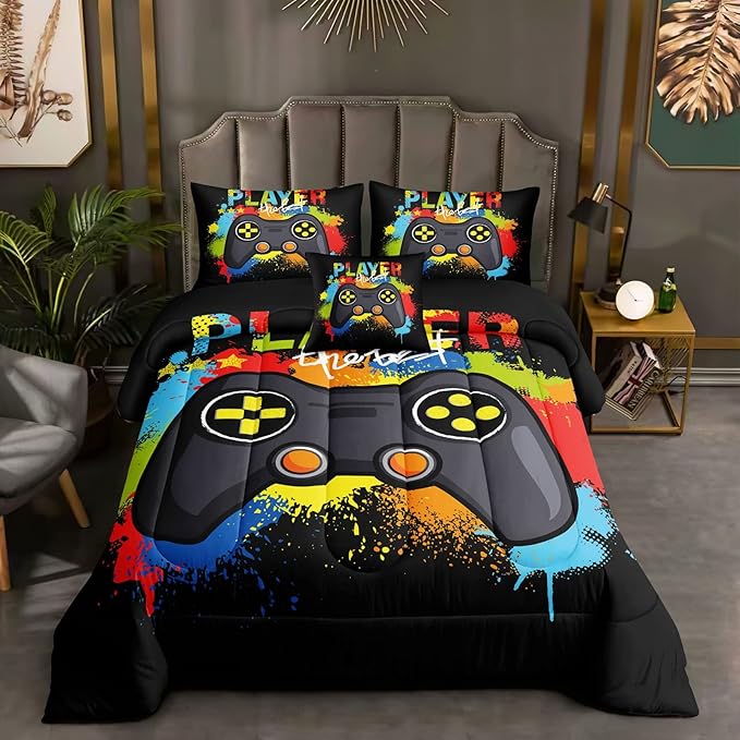 5 Pieces Gaming Bedding Set for Boys Gamer Comforter Set Twin Size,Game Controller Comforter for Boys Kids 5 Pieces Bed in A Bag 3D Gamepad Microfiber Bedding Sets,DJT H5019 Twin