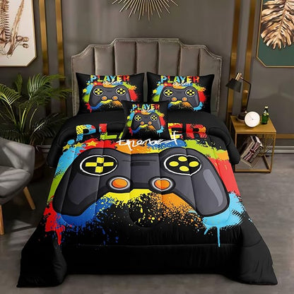 6 Pieces Gaming Bedding Set for Boys Gamer Comforter Set Queen Size,Game Controller Comforter for Boys Kids 6 Pieces Bed in A Bag 3D Gamepad Microfiber Bedding Sets,DJT H5019 Queen