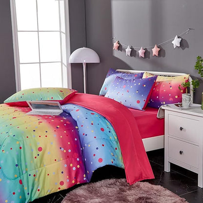 Colorful Polka Dots Rainbow Comforter Set for Teen Girl,Full/Queen Size 5 Piece Bed in A Bag,Circles Printed Comforter and Sheets,Ultra Soft Microfiber All Season Bedding Set(Full/Queen,Dots)