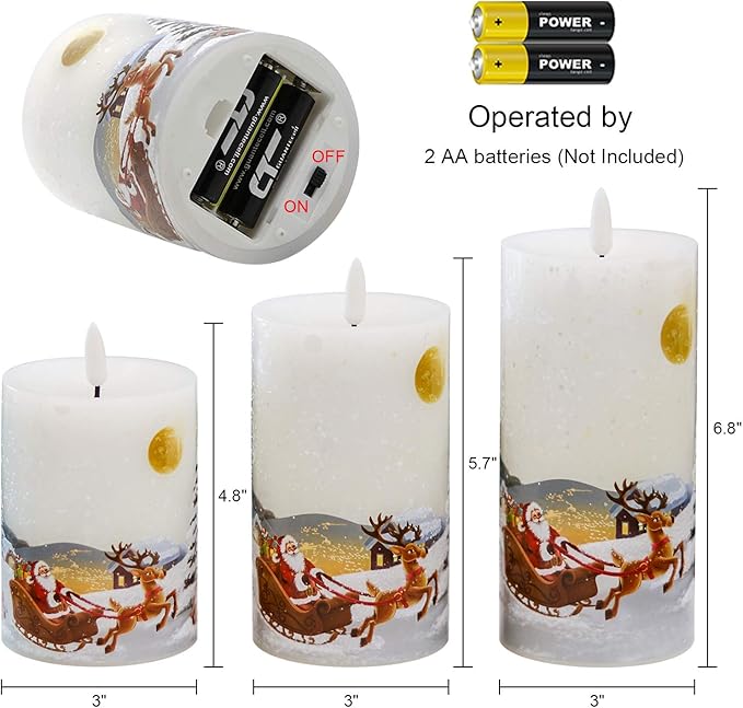 DRomance Christmas White LED Flameless Flickering Candles Battery Operated with 10-Key Remote and Timer Set of 3 Realistic 3D Wick Real Wax Holiday Flameless Pillar Candles, Santa Decal