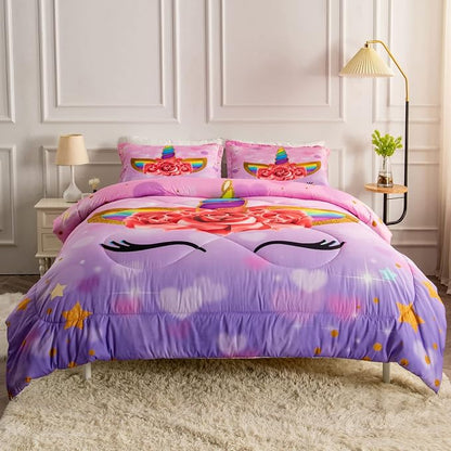 Unicorn Queen Bedding Sets for Girls Kids Comforter Set Queen Size with 2 Pillowcases Purple Unicorn Room Decor for Girls Bedroom Ultra Soft Machine Washable Toddler Bed Set