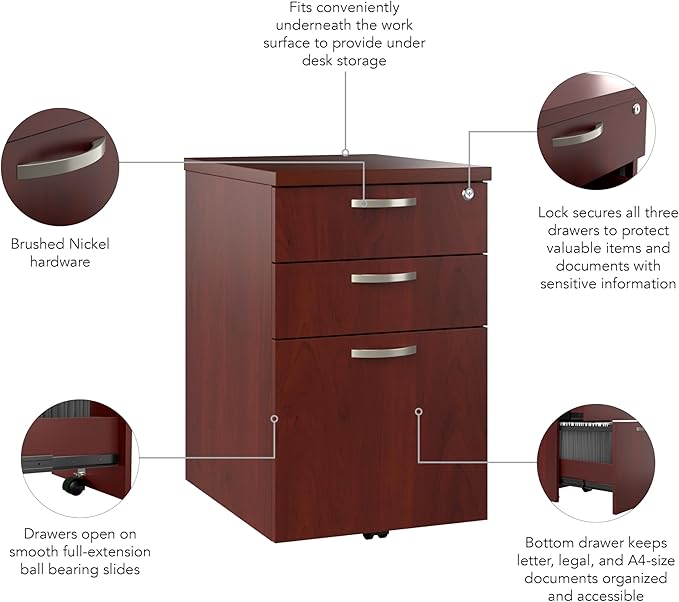 Bush Business Furniture Office in an Hour 3 Rolling File Cabinet | Mobile Under Desk Drawers for Letter, Legal, and A4-size Document Storage, Hansen Cherry