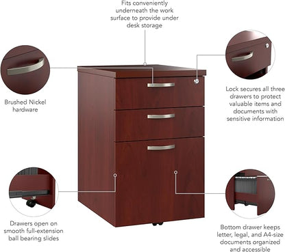 Bush Business Furniture Office in an Hour 3 Rolling File Cabinet | Mobile Under Desk Drawers for Letter, Legal, and A4-size Document Storage, Hansen Cherry