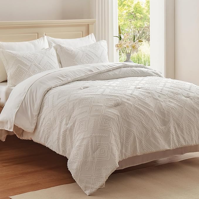 EMME King Comforter Set - 7 Pcs White Boho Comforter Set, Tufted King Size Bedding Sets with Sheets, Shabby Chic Embroidery Bed Set Fluffy Bed Bag for All Season(102"X90")