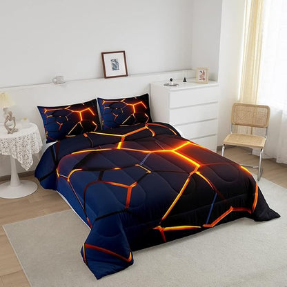 Honeycomb Print Bedding Set Red Black Fire Hexagonal Pattern Comforter Set for Kids Boys Girls Teens Beehive Geometrical Comforter Breathable Simplistic Duvet Set Room Decor Quilt Set Twin Size