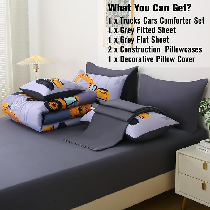 JQinHome Construction Twin Bedding Sets for Boys Kids,6 Piece Bed in A Bag 3D Cartoon Car Excavator Tractor Comforter Set with Sheet Set,Trucks Cars