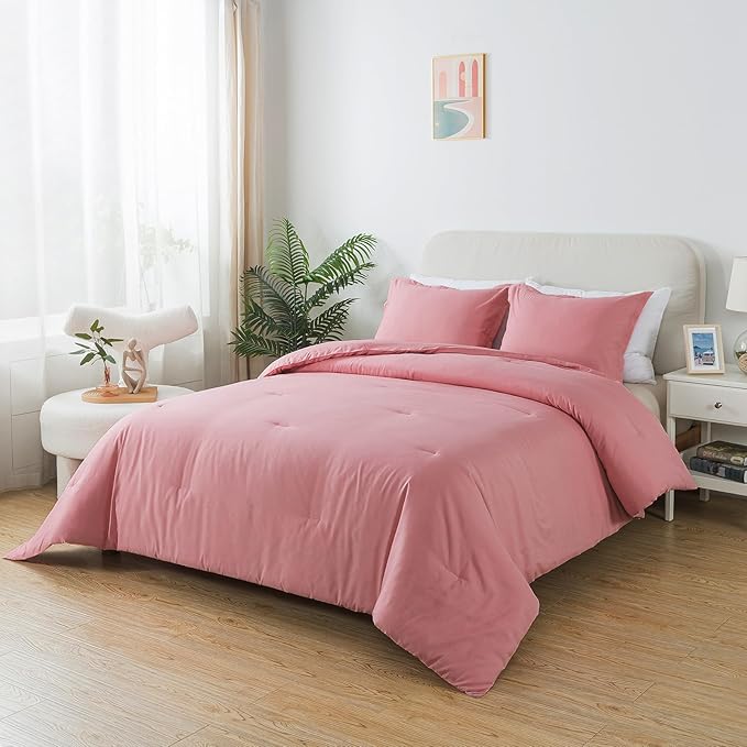 Pink Comforter Set King Size, Blush Women Girls Pink Skin-Friendly Boho Bedding Comforter Set, Breathable Fluffy Microfiber 3 PCS (104"x90") Comforter Set for All Seasons