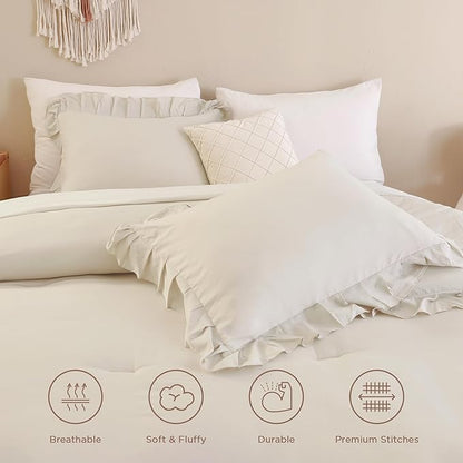 Andency Beige Comforter Set Full Size, 3 Pieces Solid Ruffle Vintage Rustic Soft Bedding Comforter Sets, All Season Lightweight Fluffy Soft Microfiber Bedding Set (79x90 Comforter & 2 Pillowcases)