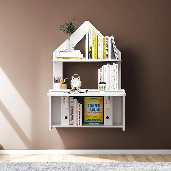 Wall Mounted Drop-Leaf Table, Floating Laptop Desk, Folding Table with Shelves, Multifunctional Computer Workstation Storage Compartments in Home Office for Space Saving (White)