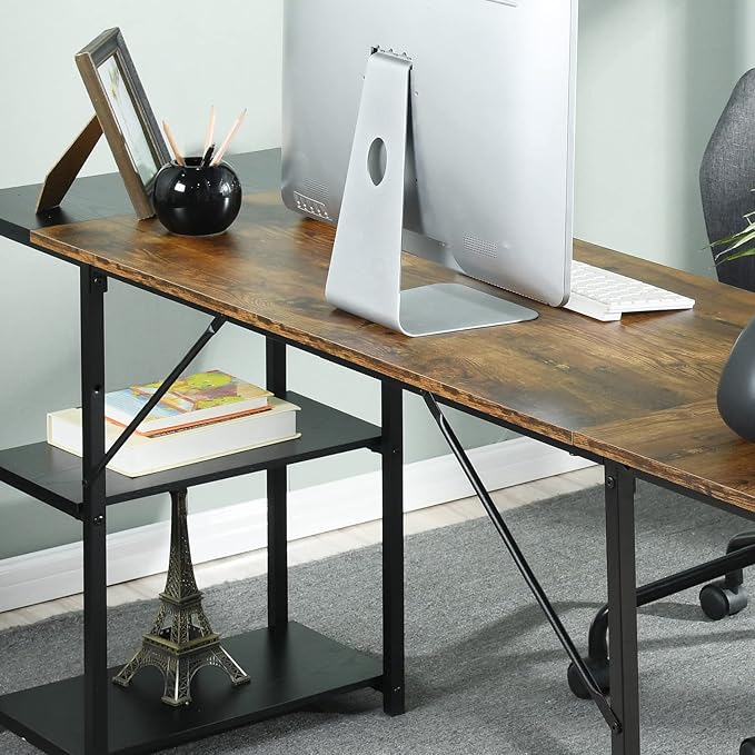 FurnitureR L-Shaped 58.3''Corner Computer Desk with Storage Shelf Long Gaming Desk for Home Office PC Workstation Saving Space Laptop Table (Brown and Black)