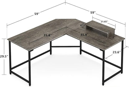 Elephance 59" Large L Shaped Desk Corner Computer Desk with Monitor Stand Gaming Table Workstation for Home Office, Black Oak