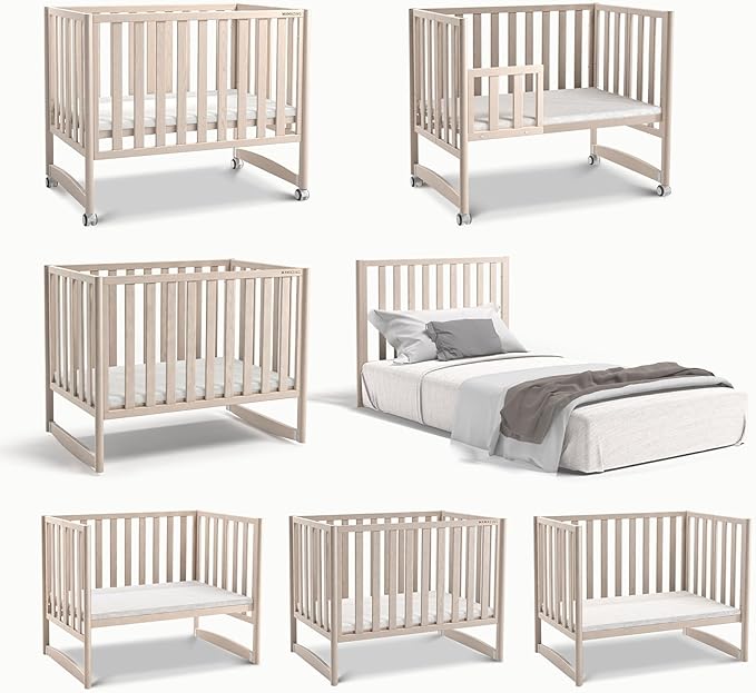 EvoNook 7-in-1 Convertible Mini Crib - Washed White, Portable Folding Baby Mini Crib with 1.5 Inch Mattress, 100% New Zealand Pinewood, 4 Adjustable Mattress Heights
