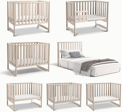 EvoNook 7-in-1 Convertible Mini Crib - Washed White, Portable Folding Baby Mini Crib with 1.5 Inch Mattress, 100% New Zealand Pinewood, 4 Adjustable Mattress Heights