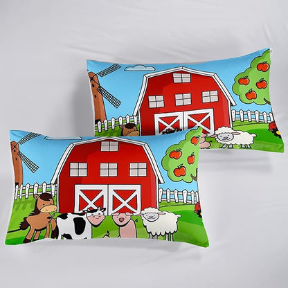 Farm Animals Comforter,Farmhouse Comforter Set for Kids Teens Girls Boys,Cartoon Animals 3Pcs Bedding Set Printed Comforter with 2 Pillowcases,Down Alternative,Soft and Lightweight，Queen Size