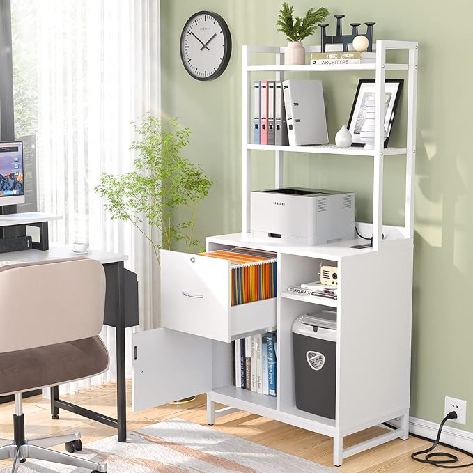 Homieasy Vertical Filing Cabinet with Lock & Charging Station, Large Drawer Wood File Cabinet with Bookshelf, Printer Stand with Open Storage Shelf, fits Letter Size for Home Office, White