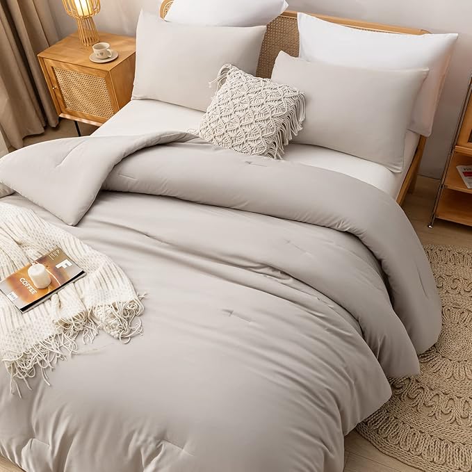 3PCS Boho Full Size Comforter Set Tannish Grey Farmhouse Bed Comforter for Teen Women and Men Reversible Warm Washable Microfiber Comforter for All Season