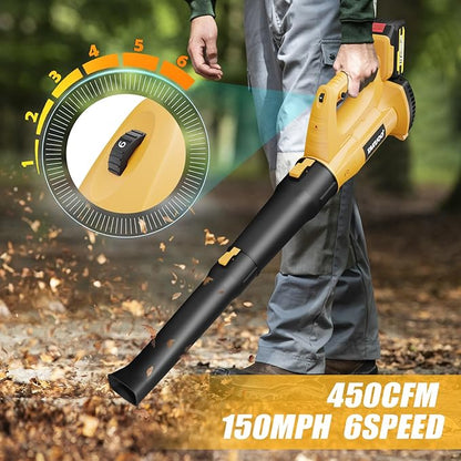 Cordless Leaf Blower, 450CFM 150MPH 21V Electric Leaf Blower with 2 x 4.0Ah Battery and Charger, 6 Speed Portable Lightweight Small Blower for Lawn Care Sweeping Snow, Yard, Garden, Patio