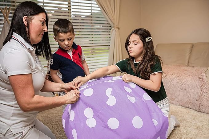 Wekapo Stuffed Animal Storage Bean Bag Chair Cover for Kids | Stuffable Zipper Beanbag for Organizing Children Plush Toys Large Premium Cotton Canvas (Purple Dot, XX-Large)