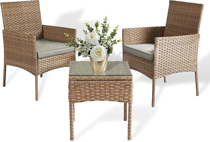 3 Pieces Patio Set Balcony Furniture Sets for Apartments.Bistro Furniture Set, Conversation Sets with Coffee Table, for Porch, Patio, Garden and Removable Cushions Grey