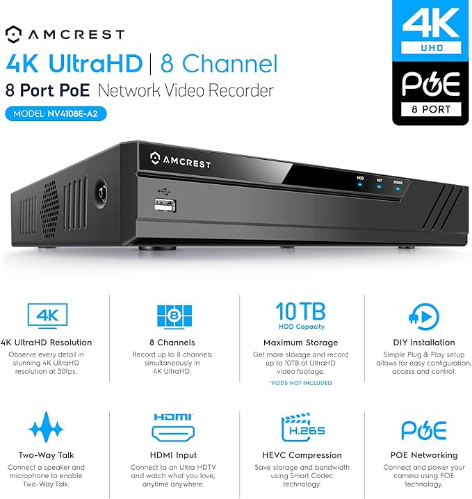 Amcrest NV4108E-A2 4K 8CH POE NVR (1080p/3MP/4MP/5MP/8MP) POE Network Video Recorder - Supports up to 8 x 8MP/4K IP Cameras, 8-Channel Power Over Ethernet Pre-Installed 1TB Hard Drive (NV4108E-1TB)