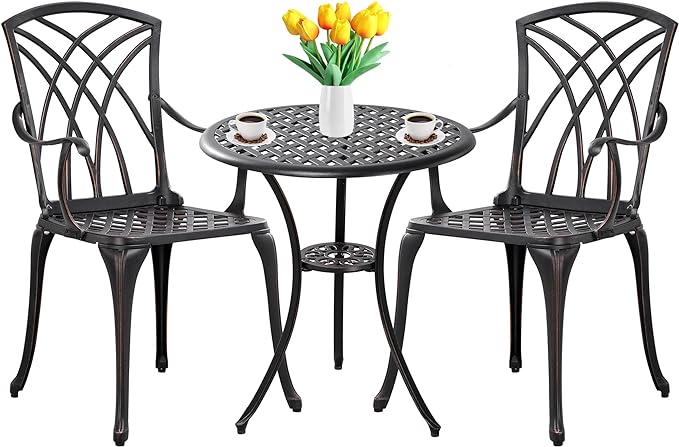 3 Piece Patio Bistro Set Outdoor Bistro Table Set Anti Rust Bistro Table and Chairs w/Umbrella Hole, Durable Patio Set for Porch, Balcony