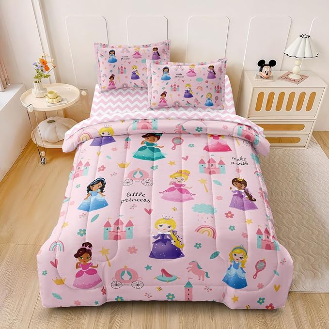 Kids Magical Princess Comforter Set Bed in a Bag Full Size- 5 Piece Soft Cute Castle Bedding Set for Girls (1 Comforter, 1 Flat Sheet, 1 Fitted Sheet, 2 Pillowcases), Pink